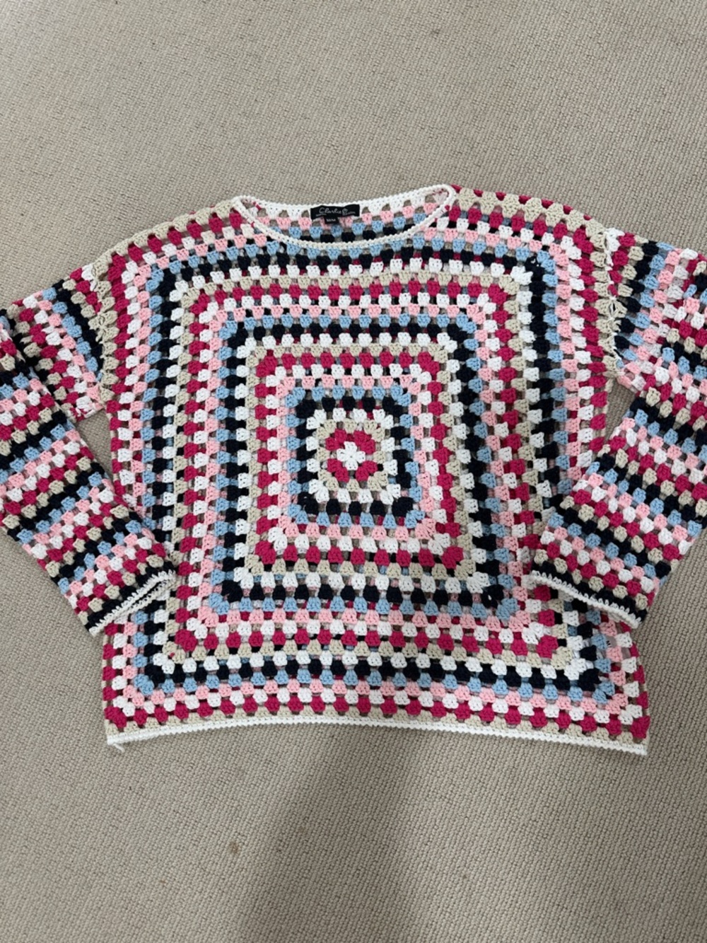 Charlie B Crochet Square-Panel Sweater in Pink, Cream, Black & Blue medium
